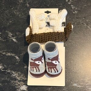 Rising Star Knit Headwrap & Booties Set in Cream and Brown